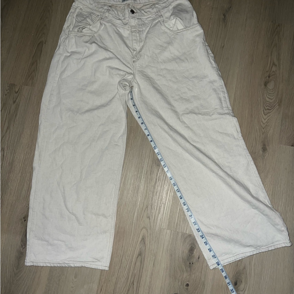 Zara Wide Leg Pants Women’s Size 14 Cotton Linen Relaxed Fit High Rise Neutral - Picture 3 of 15